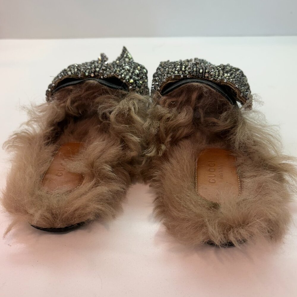 Gucci Princetown Fur Lined Crystal Bow Mule Slippers Black Leather Size 36 6 - Picture 13 of 17